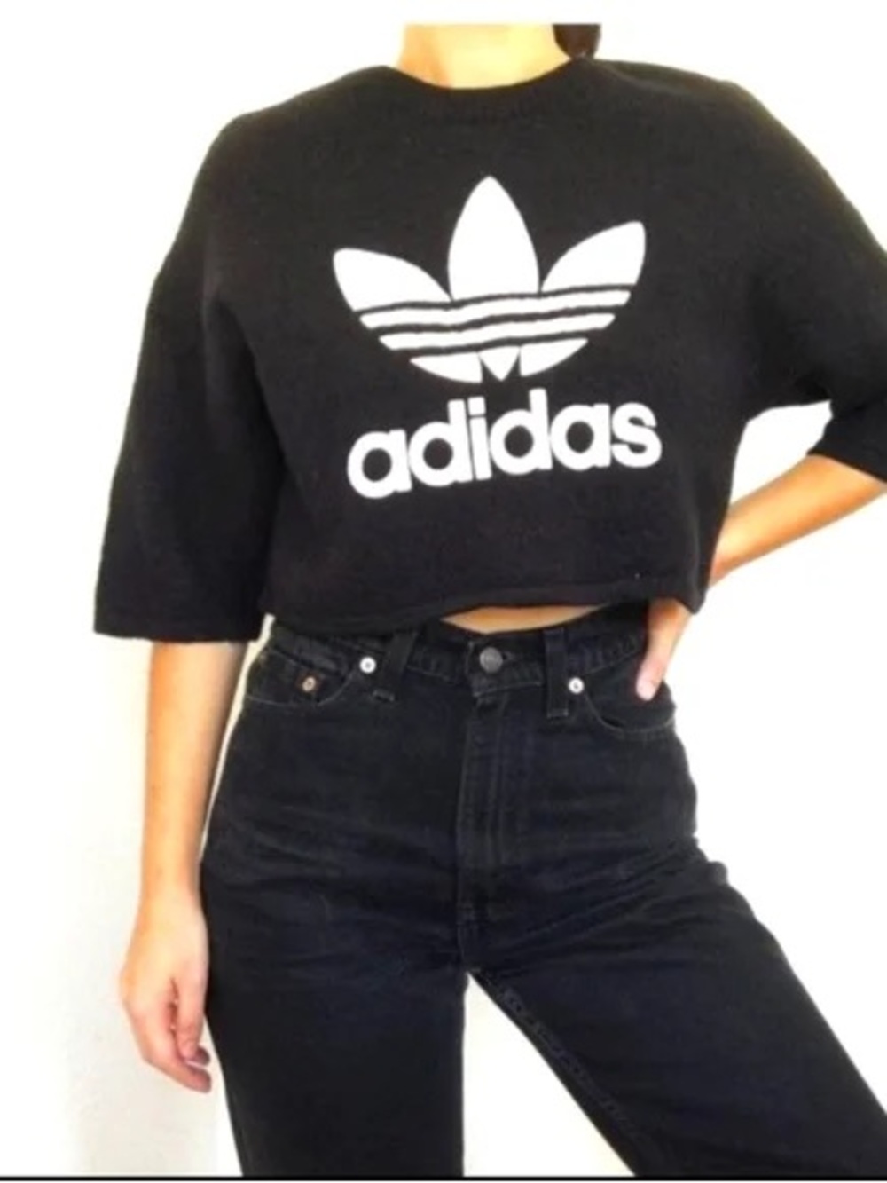 adidas Black Cropped Trefoil Wool Sweater with White Logo Small - Picture 2 of 8